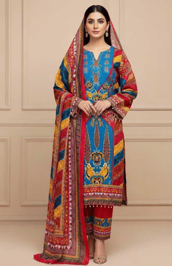 Vibrant Multicolor 3-Piece Cherry Fabric with Printed Dress, Dupatta & Pant – Festive Wear Collection