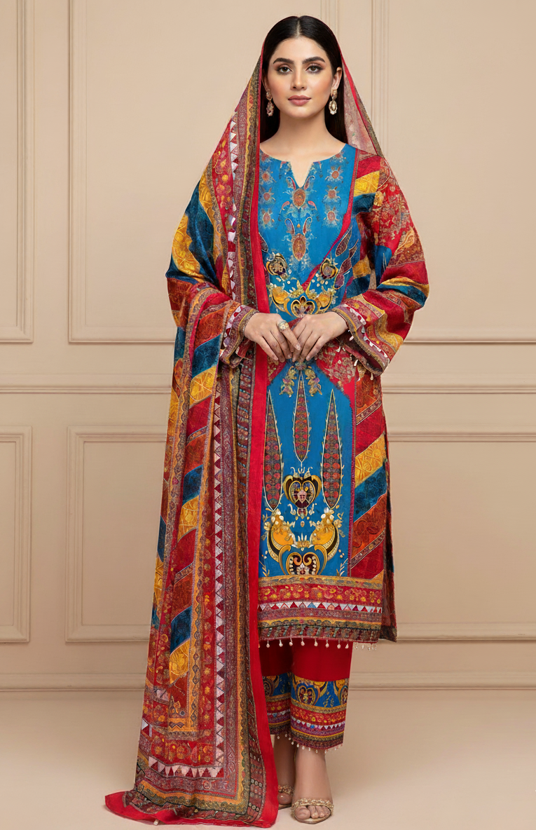 Vibrant Multicolor 3-Piece Cherry Fabric with Printed Dress, Dupatta & Pant – Festive Wear Collection