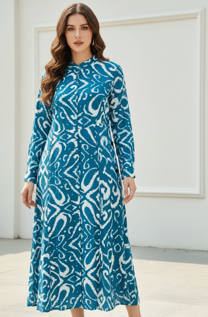 Elegant Blue & White Printed Long Dress – Casual & Stylish One-Piece